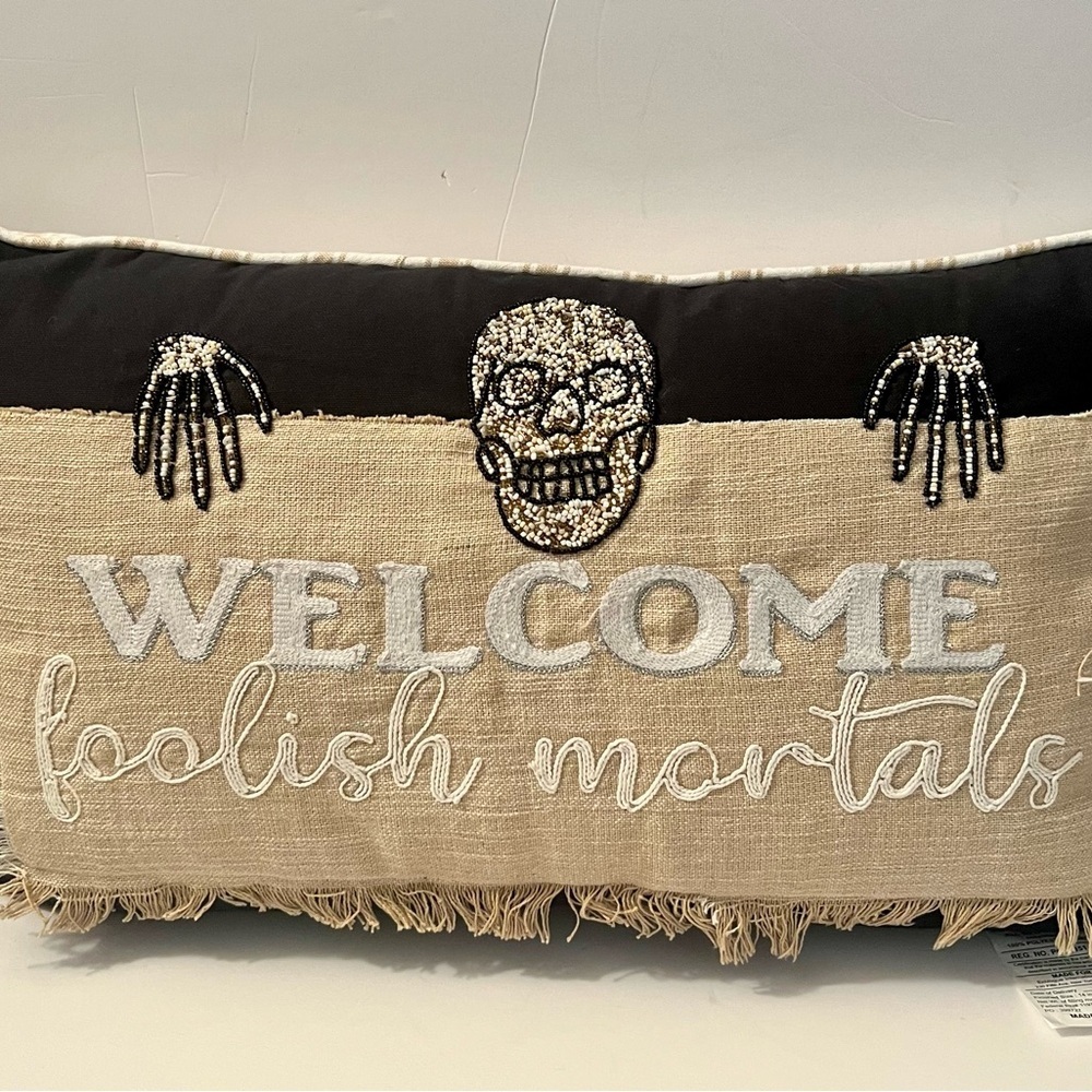 Coterie Studio Welcome Foolish Mortal Halloween Beaded Skull throw pillow